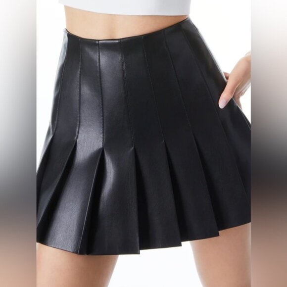 Alice + Olivia Carter Pleated Vegan Leather Mini Skirt  Black  0 - Picture 3 of 6